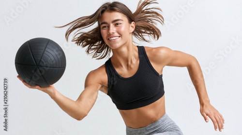 Sporty woman throwing medicine ball during dynamic workout