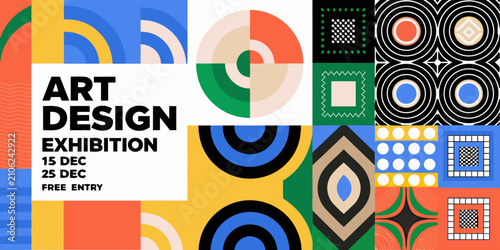 art design exhibition poster with bold geometric patterns colors abstract shapes modern graphic visual arts event promotion creative display patterned background colorful artwork