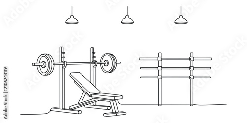 Gym weight bench and barbell rack line drawing