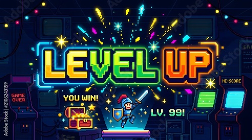 Retro arcade game screen with pixel art and neon colors