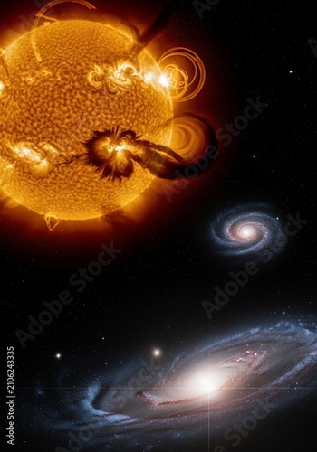 Cosmic Dance: Sun's Fury Meets Galactic Serenity