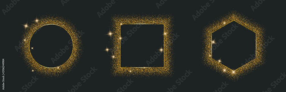 Obraz premium Gold glitter frame set. Circle, square, hexagon outlines with sparkle dust scatter on dark backdrop. Star flare, particle burst accents. For luxury banner, award, label, photo overlay. Vector