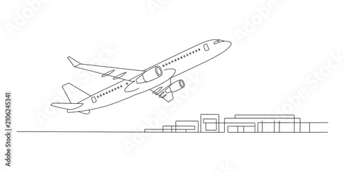 Continuous line drawing of airplane taking off from airport