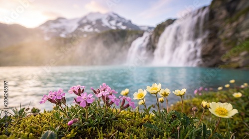 Close up view of pink and yellow alpine flowers with a waterfall and snowy mountains in the background