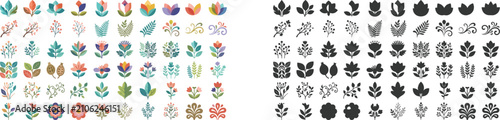 Photos Colorful floral vector illustrations with matching black silhouette designs feat