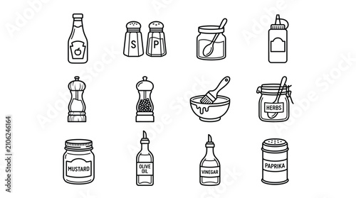 Kitchen Condiments and Seasoning Vector Icons Set
