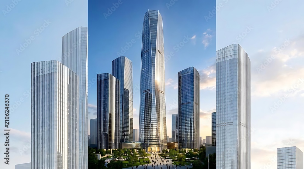 Fototapeta premium Modern glass skyscrapers in city financial district skyline.