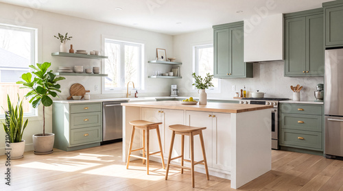 Fotografie Bright Modern Kitchen Interior with Sage Green Cabinets