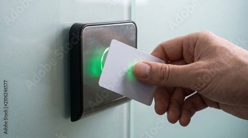 A close up view of a hand using a white access card to swipe against an electronic reader on a glass door, indicated by a glowing green light.