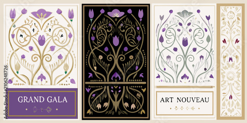 invitation cards with art nouveau floral patterns purple gold green ornate design vector illustration background colored event gala party decorative vintage stylish elegant