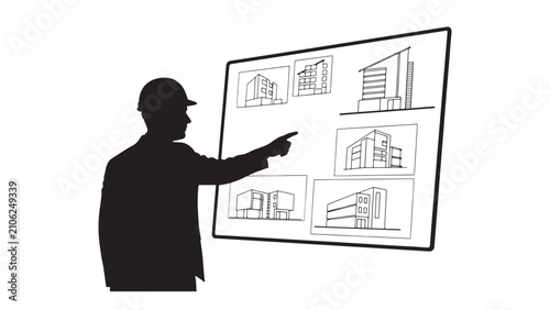 Architect pointing at building concept sketches on a digital display during modern project planning review
