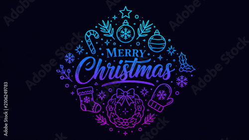 Merry christmas neon pixel art sign with glowing festive ornaments