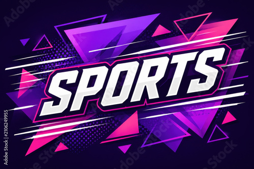 Sports word label with purple and pink retro pixel art style design