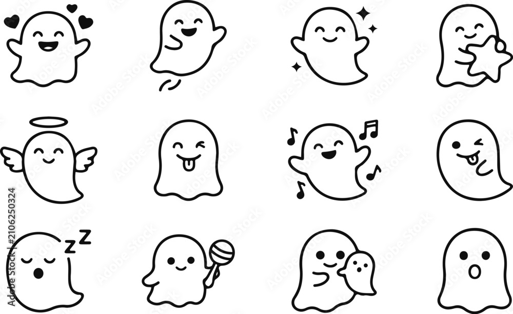 Fototapeta premium Ghost Icon Bundle Collection – Halloween Spooky Boo Spirit Outline Vector Set, Black Silhouette Clipart, Cute and Scary Ghost Icons Isolated on White