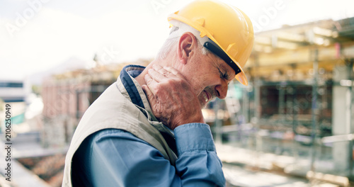 Obraz na plátně Neck pain, burnout and mature man on construction site with accident, muscle fatigue and tension