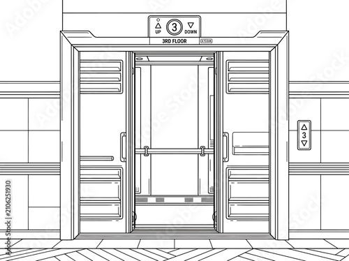 Black and white line art illustration of an open elevator door on the third floor.