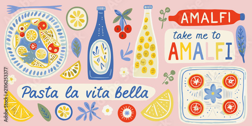 illustration of italian food ingredients on pink background pizza lemon bottle pasta amalfi wine tomato herbs vector art graphic design colorful whimsical cuisine