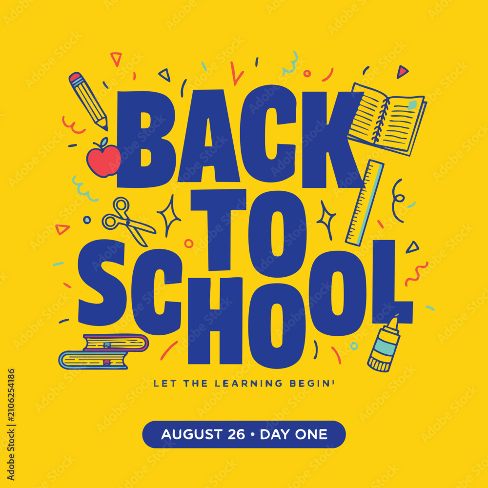 Obraz premium Back to School vector with bold blue typography surrounded by colorful educational icons pencil apple scissors books glue on yellow background