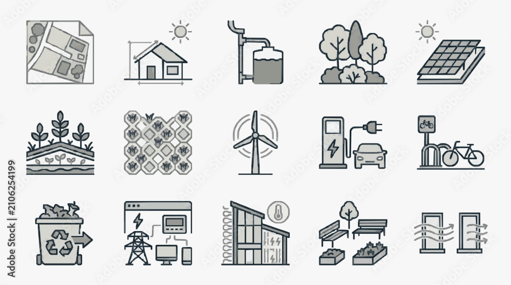 Fototapeta premium Dynamic Illustrated Icons Set Featuring Sustainable Living Renewable Energy and Eco Friendly Concepts in Monochrome