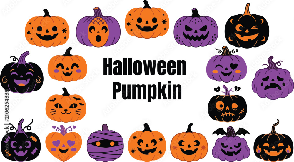 Fototapeta premium Halloween pumpkin illustrations in various designs and colors for festive decoration and marketing materials