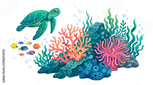 Sea turtle swims gracefully above a vibrant coral reef filled with colorful anemones, jagged rocks, and diverse tropical fish species in this serene underwater ecosystem digital art composition.
