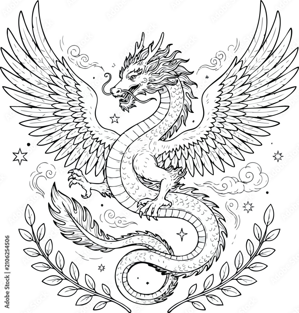 Fototapeta premium Dragon Phoenix mythical creature vector with detailed line art wings scales horns clouds stars and leafy branches in elegant symmetrical design