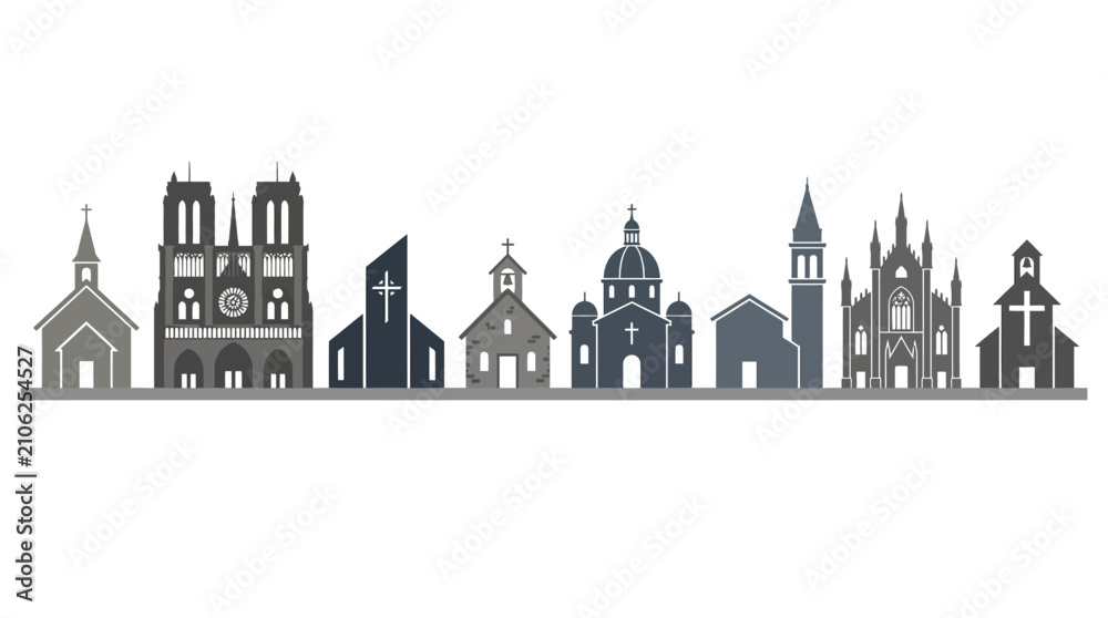 Obraz premium Church buildings form a diverse architectural skyline featuring various cathedrals, chapels, and basilicas depicted in a minimalist silhouette style suitable for religious thematic graphic projects.