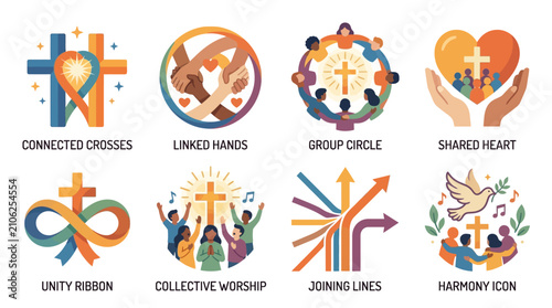 Christianity symbols feature interconnected crosses, linked hands, and collective worship scenes to represent unity, spiritual harmony, and shared faith within religious community organizations.