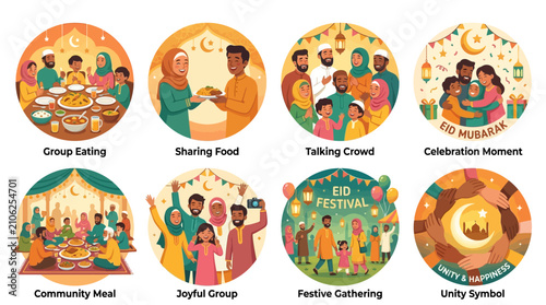 Eid festival illustrations depict diverse families and communities engaging in shared meals, joyful gatherings, celebrations, and demonstrations of unity through traditional cultural festivities.