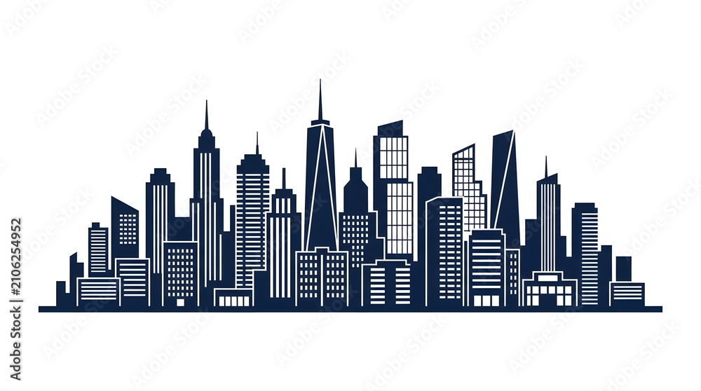 Obraz premium Modern city skyline silhouette with skyscrapers against white background