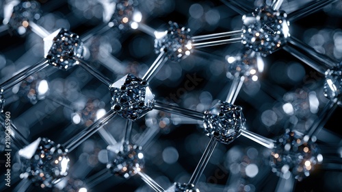 Shiny molecular structure glowing under cool light. Perfect for science and nanotechnology concepts.