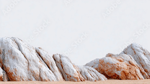 Light weathered rock formations with distinct textured cracks rest on pale sandy ground, set against a uniform plain off-white sky, forming a minimalist arid desert landscape.

