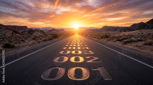 Asphalt highway stretching toward golden sunrise with sequential number markings leading into the horizon