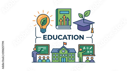 Educational concept illustration featuring school icons and learning symbols.