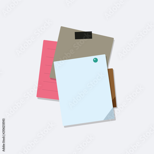 Paper sheets stack with sticky notes and pin flat vector illustration