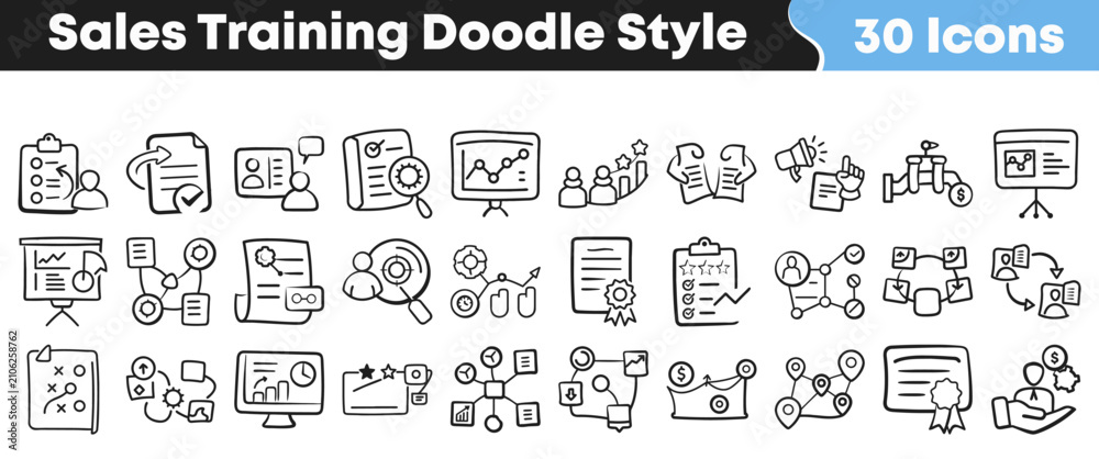 Naklejka premium Hand drawn collection of thirty sales training doodle style icons