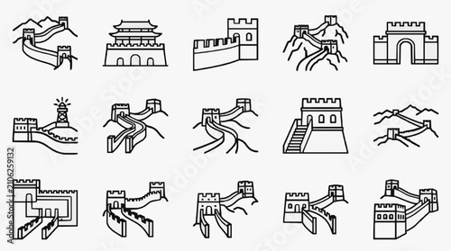 Quadro su tela Industrial Black and White Line Drawing Icons of Ancient Chinese Wall Structures
