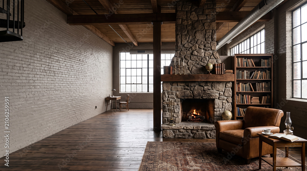 Obraz premium Industrial loft den with rustic stone fireplace and bookshelves