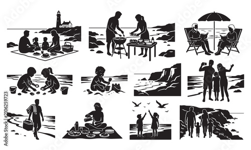 Set of black silhouette featuring families and people enjoying beach activities, seaside picnics, lighthouse views, and coastal walks on a white background
