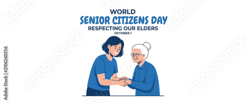 Younger person helping elder, respecting seniors concept illustration