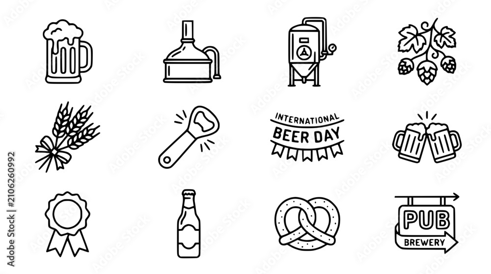 Fototapeta premium Beer Icons Collection: Mug, Hops, Brewery, Pretzel, Wheat, Bottle Opener, Beer Day