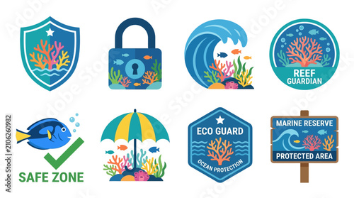 Ocean conservation badges and protective signs feature coral reefs, marine reserves, and safe zones represented by digital illustrations meant to promote awareness and ecological safety for habitats.