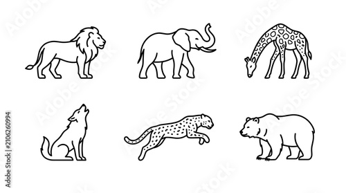 Photography Wild Animal Outline Icons Set Black Line Vector on White Background