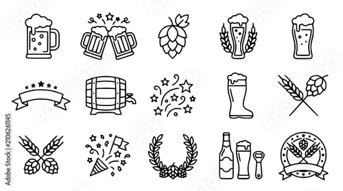 Foto Beer Icons Set: Mug, Barrel, Hop, Wheat, Celebration, Festival - Line Art Collec