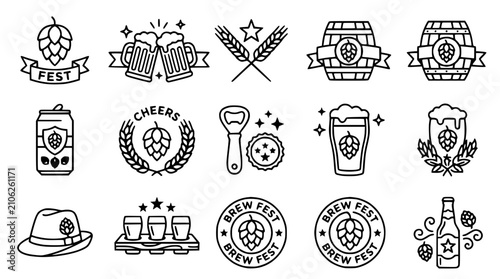 Tableau sur toile Oktoberfest Icons: Beer, Hops, Barrel, Hat, Can, Glasses, Bottle Opener, Wheat
