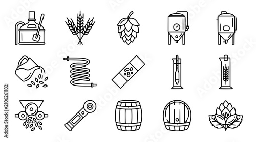 Fotografía Brewing Icons Set: Beer Making Equipment, Ingredients, and Tools - Line Art Vect