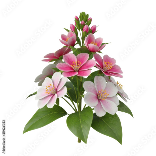 A vibrant bouquet of pink and white blossoms with lush green leaves against a clean white background