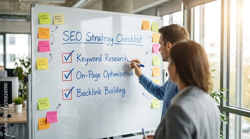 Person checking seo strategy checklist on computer screen