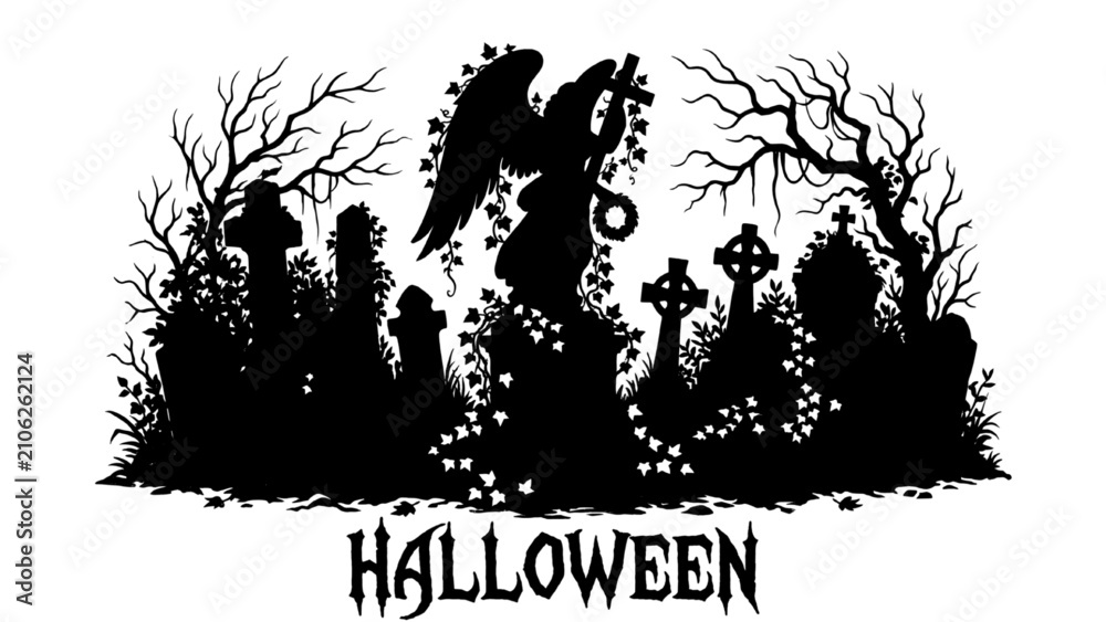 Obraz premium Halloween Ancient Cemetery Angel Statue Silhouette with Ivy, Fallen Leaves and Cracked Stone Monuments Vector