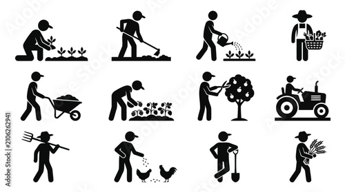 Black vector stick figure pictogram icon set of farmer activities including planting, gardening, tractor driving, poultry feeding, and harvesting isolated on white.